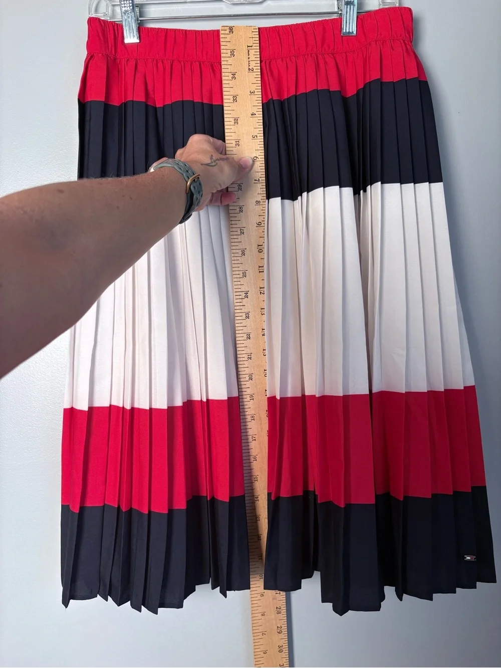 Tommy Hilfiger Womens Small Pleated Midi Skirt Colorblock Red White Navy